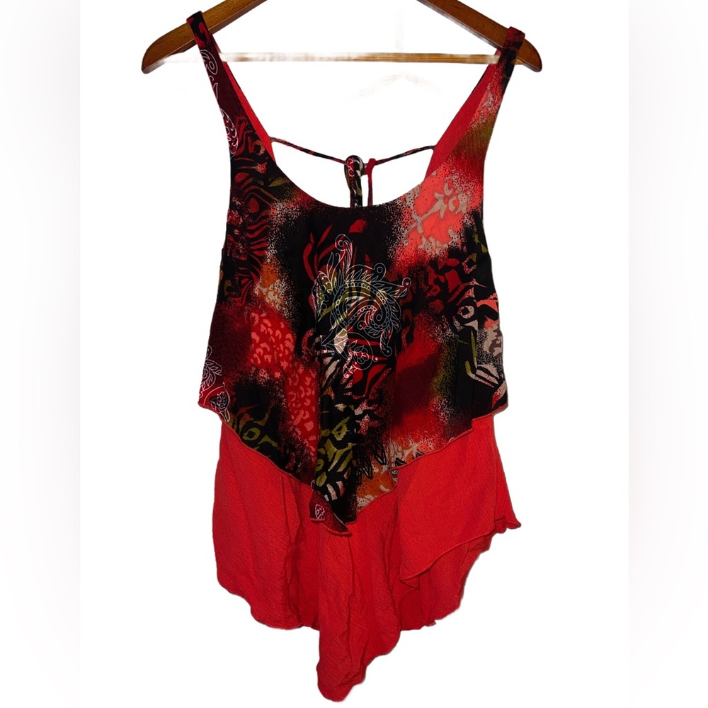 Red and Black patterned gauzy layering top
